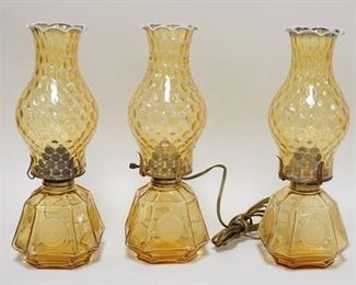 1102	3 AMBER FOSTORIA COIN GLASS ELECTRIC/OIL LAMPS, 13 1/2 IN H 

