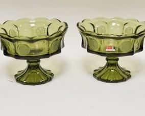 1110	4 OLIVE GREEN FOSTORIA COIN GLASS COMPOTES, 6 1/2 IN H 

