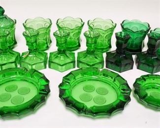 1116	EMERALD GREEN FOSTORIA COIN GLASS LOT INCLUDES CANDY JARS, ASHTRAYS & CANDLE STICKS
