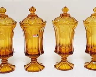 1120	4 AMBER FOSTORIA COVERED URNS, APP. 13 1/4 IN H 
