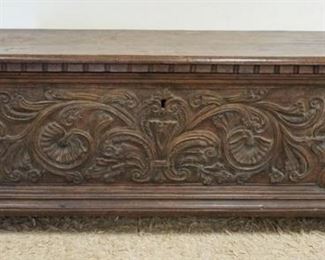 1121	ANTIQUE CARVED LIFT TOP CHEST, 66 1/2 IN WIDE X 23 1/4 IN HIGH X 21 IN DEEP
