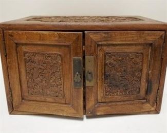 1122	SMALL CARVED ASIAN CABINET W/INTERIOR DRAWERS, 17 3/4 IN WIDE X 10 1/2 IN HIGH X 13 1/2 IN DEEP
