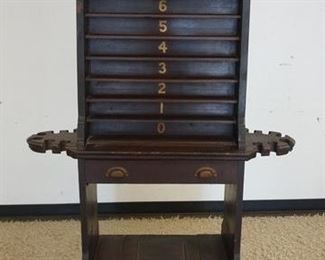 1128	VICTORIAN POOL ROOM RACK, LIFT TOP COMPARTMENT AT THE BASE, 74 IN HIGH X 41 IN WIDE X 14 IN DEEP
