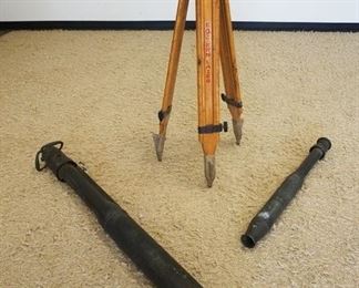 1129	3 PIECE LOT W/SURVEYORS TRIPOD, & 2 LARGE BRASS FIRE NOZZLES, TRIPOD IS MARKED EASTERN LASER, LARGEST NOZZLE IS 56 1/2 IN, BOTH HAVE MAKERS MARKS
