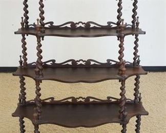 1137	WALNUT VICTORIAN WHAT NOT SHELF, HAS TWIST COLUMNS, TURNED FINIALS, FRETWORK TRIM & A DRAWER, 37 1/2 IN WIDE X 64 IN HIGH X 14 IN DEEP
