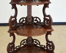 1138	WALNUT VICTORIAN WHAT NOT SHELF, HAS TURNED FINIALS & FRETWORK TRIM, 69 IN HIGH X 29 IN WIDE X 20 1/2 IN DEEP

