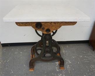 1141	CUSTOM TABLE MADE FROM CLOCK TOWER GEARS, & THICK MARBLE TOP, BRASS TAG *MADE BY WILLIAM SCOTT PUHJO, APRIL 16 2014*, 39 IN X 30 IN X 41 1/2 IN HIGH
