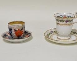 1164	4 PIECE FINE PORCELAIN, GAUDY, KPM, LEEDS, ETC, GAUDY CUP & SAUCER, KPM MINIATURE TEAPOT, 5 1/2 IN, HAS CHIPS ON THE LID, LEEDS BASKET W/RETICULATED LID & CJ & SONS CUP & SAUCER FOR HIGGINS & SECTER
