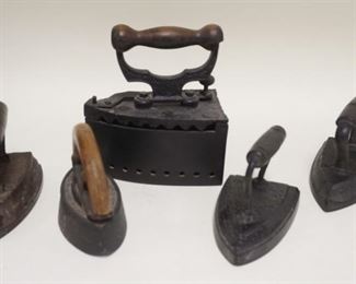 1168	5 ANTIQUE IRONS, COAL IRON, SAD IRON W/HANDLE & 3 FLAT IRONS
