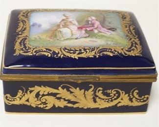 1169	SIGNED FRENCH PORCELAIN DRESSER BOX W/COBALT BLUE & GOLD TRIM, ARTIST SIGNED, 6 1/2 IN X 5 1/4 N X 3 IN HIGH
