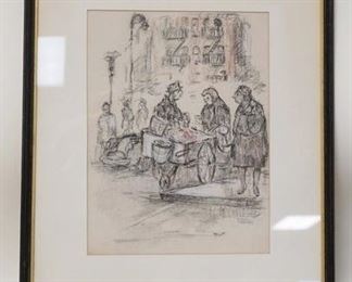 1190	SIGNED CHALK DRAWING OF A STREET VENDOR, 16 IN X 19 1/2 IN INCLUDING FRAME
