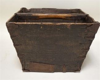 1193	ANTIQUE WOODEN BASKET W/HAND WROUGHT IRON SUPPORTS & REPAIRS, 15 IN SQUARE X 10 IN HIGH
