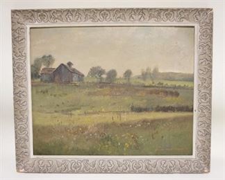 1198	MAXWELL STUART SIMPSON OIL ON ARTIST BOARD, FARM SCENE, 1945, 23 1/2 IN X 19 1/2 IN INCLUDING FRAME
