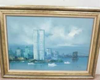 1199	LARGE OIL ON CANVAS OF THE TWIN TOWERS, ARTIST SIGNED LOWER RIGHT, 44 IN X 32 IN INCLUDING FRAME
