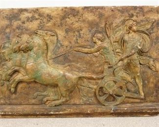 1208	LARGE HIGH RELIEF WALL PLAQUE W/ CHARIOT, PLASTER, THIS IS A HEAVY PIECE, 39 1/2 IN X 25 IN
