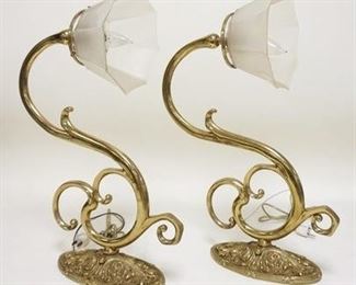 1215	PAIR OF BRASS WALL SCONCES W/FROSTED GLASS SHADES, EXTENDS 21 1/2 IN FROM THE WALL W/SHADES ON
