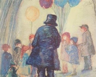 1219	BARBARA WOOD LIMITED EDITION PRINT *BALLOON MAN*, 104 OF 150, PENCIL SIGNED, 24 1/4 IN X 31 1/4 IN INCLUDING FRAME
