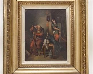 1231	PAINTING ON TIN OF AN OLD MAN W/A HARP & YOUNG WOMAN IN A NICE GILT FRAME W/MINOR LOSSES, 14 3/4 IN X 16 1/2 IN INCLUDING FRAME
