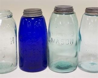 1244	4 CANNING JARS, THE MASON JAR OF 1878, COLBALT BLUE MASON, RED KEY MASON & LOCKPORT MASON, 3 HAVE ZINC LIDS, TALLEST IS 9 1/2 IN
