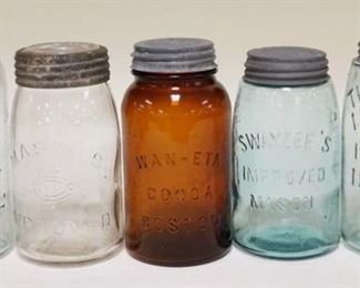 1246	5 CANNING JARS INCLUDES WAN-ETA COCOA IN AMBER, SWAYZEE'S MASON, ETC
