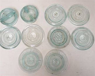 1249	10 GLASS CANNING JAR TOPS, 5 LIGHTING, 3 WHITALLS, & 2 KLINES
