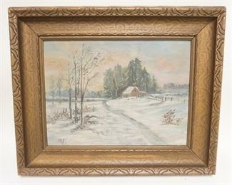 1254	OIL ON CANVAS SIGNED MK, WINTER SCENE, 16 1/2 IN X 13 3/4 IN INCLUDING FRAME

