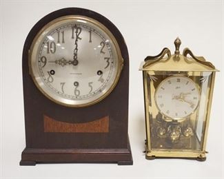 1260	2 CLOCKS, SETH THOMAS W/CHIME & SCHATZ BRASS & GLASS PRESENTATION, TALLEST IS 10 IN
