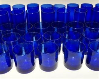 1266	38 BLOWN BLUE GLASS TUMBLERS, BUBBLES IN THE GLASS, 4 IN & 6 IN

