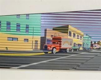 1267	ZABO MODERN PAINTING OF A CITY STREET, 1982, HAS INSCRIPTION BY SIGNATURE *CENTRAL AVENUE DEDICATED TO BARBARA J*, 118 IN X 49 IN AT HIGHEST POINT
