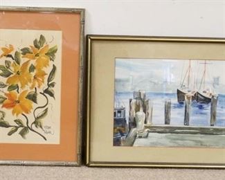 1269	2 SIGNED FRAMED WATERCOLORS, FLORAL SIGNED MIRIAM RAGAN & SHORELINE SCENC BY GRAINGER, LARGEST IS 25 1/4 IN X 19 1/4 IN INCLUDING FRAME
