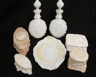 1279	FOSTORIA JENNY LIND 7 PIECE DRESSER SET, 800 SERIES, COLOGNES ARE 11 IN HIGH
