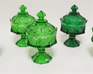 1286	5 FOSTORIA COIN GREEN WEDDING BOWLS W/COVERS, ONE HAS A CHIP ON THE FITTER RIM OF THE LID, 8 1/2 IN HIGH
