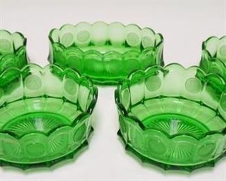1287	5 GREEN FOSTORIA COIN BOWLS, 2 ROUND & 3 OVAL, 7 1/2 TO 9 IN
