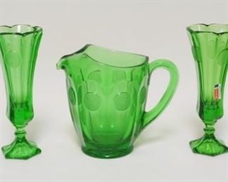 1289	5 PIECE GREEN FOSTORIA COIN, 4-8 IN VASES & A PITCHER W/ICE LIP

