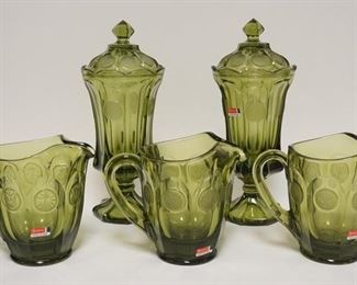 1293	5 PIECE FOSTORIA COIN OLIVE GREEN, 3  PITCHERS & 2-13 IN COVERED JARS
