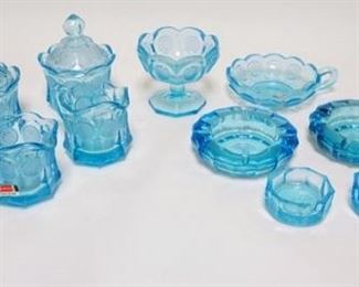 1296	14 PIECE FOSTORIA LIGHT BLUE, 3 COVERED SUGARS, 3 CREAMERS, 6 ASH TRAYS & A NAPPIE
