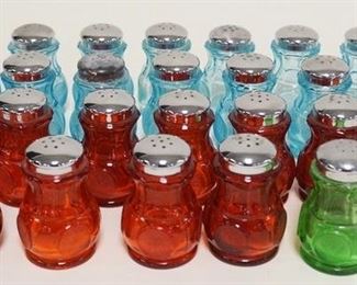 1295	26 FOSTORIA COIN SALT SHAKERS, 14 LIGHT BLUE, 11 RED & ONE GREEN

