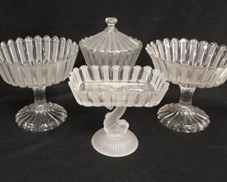 1313	4 EARLY AMERICAN PATTERN GLASS FROSTED RIBBON COMPOTES, COVERED PIECE IS 10 IN HIGH
