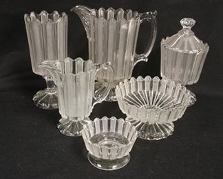 1314	EARLY AMERICAN PATTERN GLASS-6 PIECE FROSTED RIBBON, PITCHER IS 9 IN HIGH

