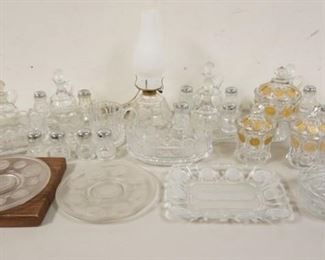 1321	LARGE LOT OF CLEAR FOSTORIA COIN GLASS INCLUDING LAMP, 3 PIECES GOLD DECORATED COINS, CRUET SETS, PLATES, ETC
