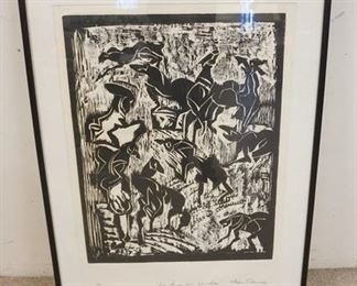 1324	LARGE SIGNED WOODBLOCK P/A PRINT, HAND SIGNED, TITLED *LA HORA SIN SOMBRA*, 33 IN X 44 IN INCLUDING FRAME
