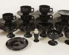 1327	LOT OF BLACK CLOVERLEAF GLASS, CUPS & SAUCERS, CREAMERS & SUGARS, ETC
