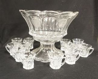 1329	FOSTORIA COIN PUNCH SET, BOWL, BASE & 12 CUPS, ONE CUP DOES NOT HAVE FROSTED COINS, BOWL IS 14 1/2 IN DIAMETER X 11 3/4 IN HIGH
