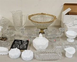 1332	GLASS LOT W/CLEAR & MILK GLASS INCLUDING FENTON, FOSTORIA AMERICAN, SMITH PUNCH LADLES, ETC
