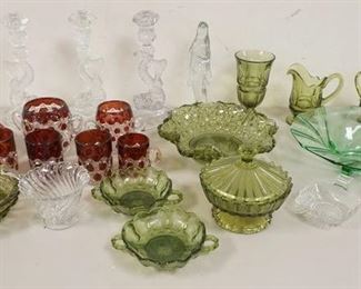 1334	GLASS LOT W/ANTIQUE RED BLOCK, DOLPHIN CANDLESTICKS, FOSTORIA, ETC
