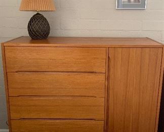 Teak Mid Century Danish Modern Dresser, Small Table Lamp, Art