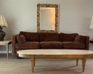 Sofa, Table Lamps, Oval (Surfboard Style) MCM Coffee Table, Square End Table, Mirror w Fabric Border