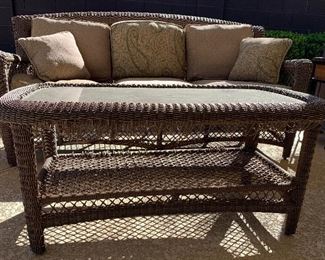 Wicker Sofa w Reversible Cushions and Wicker Coffee Table (as is)