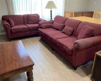 Burgundy Sofa and Loveseat (as is) , Coffee Table, Hexagon End Table, Table Lamp