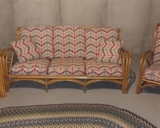 Vintage Rattan Sofa and 2 chairs - Cushions are available for the other chair but they have a different print on them.